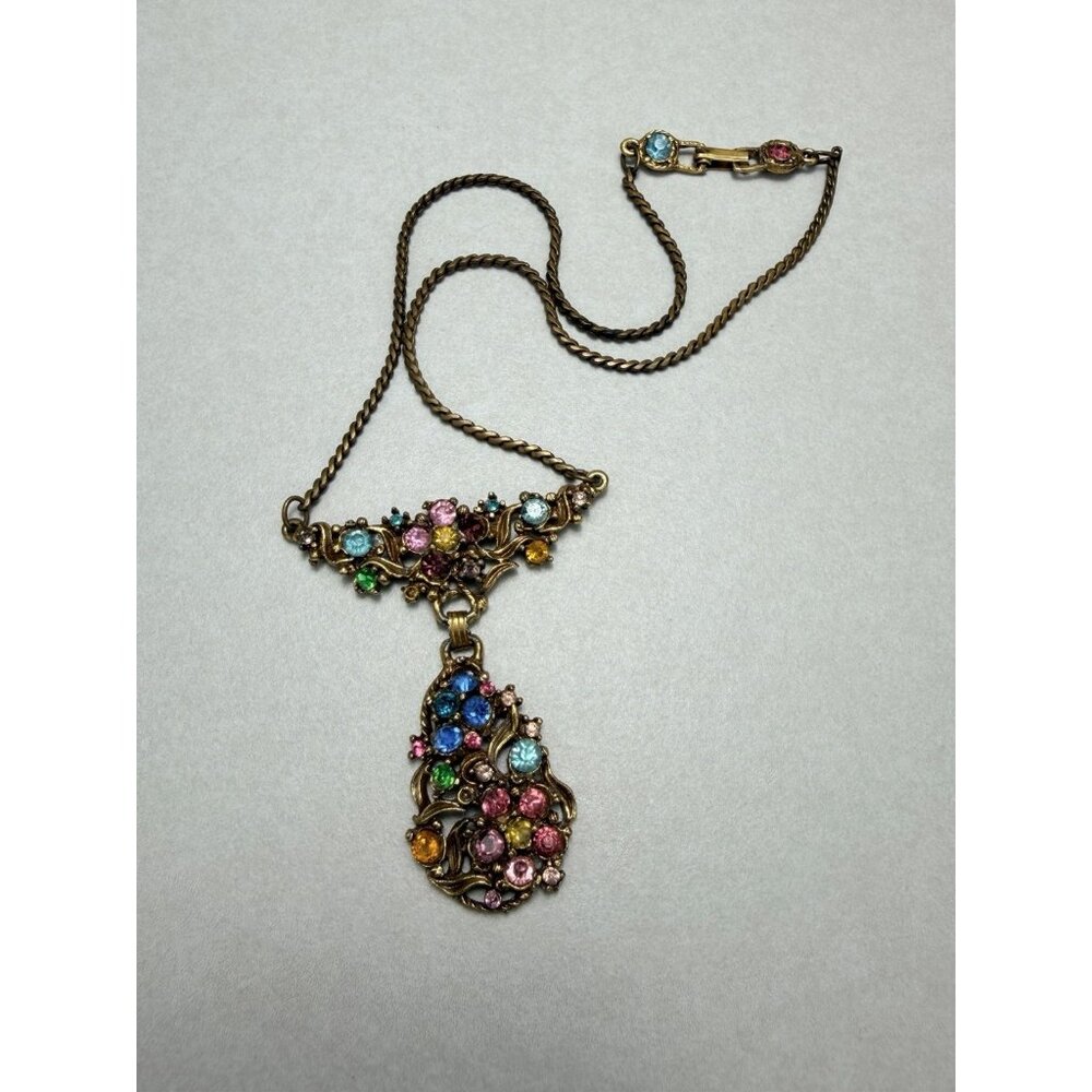 Vintage Multicolor Rhinestone Choker Necklace Gold Tone Estate Jewelry 18”